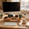 hygge_winter_home_office_1200x1200 للموقع ومحركات البحث (SEO): منظم مكتب خشبي أنيق بأرجل قصيرة وفتحات متعددة لتنظيم الهاتف وساعة أبل والأقسام المختلفة، موضوع على سطح المكتب.