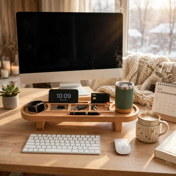 hygge_winter_home_office_1200x1200 للموقع ومحركات البحث (SEO): منظم مكتب خشبي أنيق بأرجل قصيرة وفتحات متعددة لتنظيم الهاتف وساعة أبل والأقسام المختلفة، موضوع على سطح المكتب.